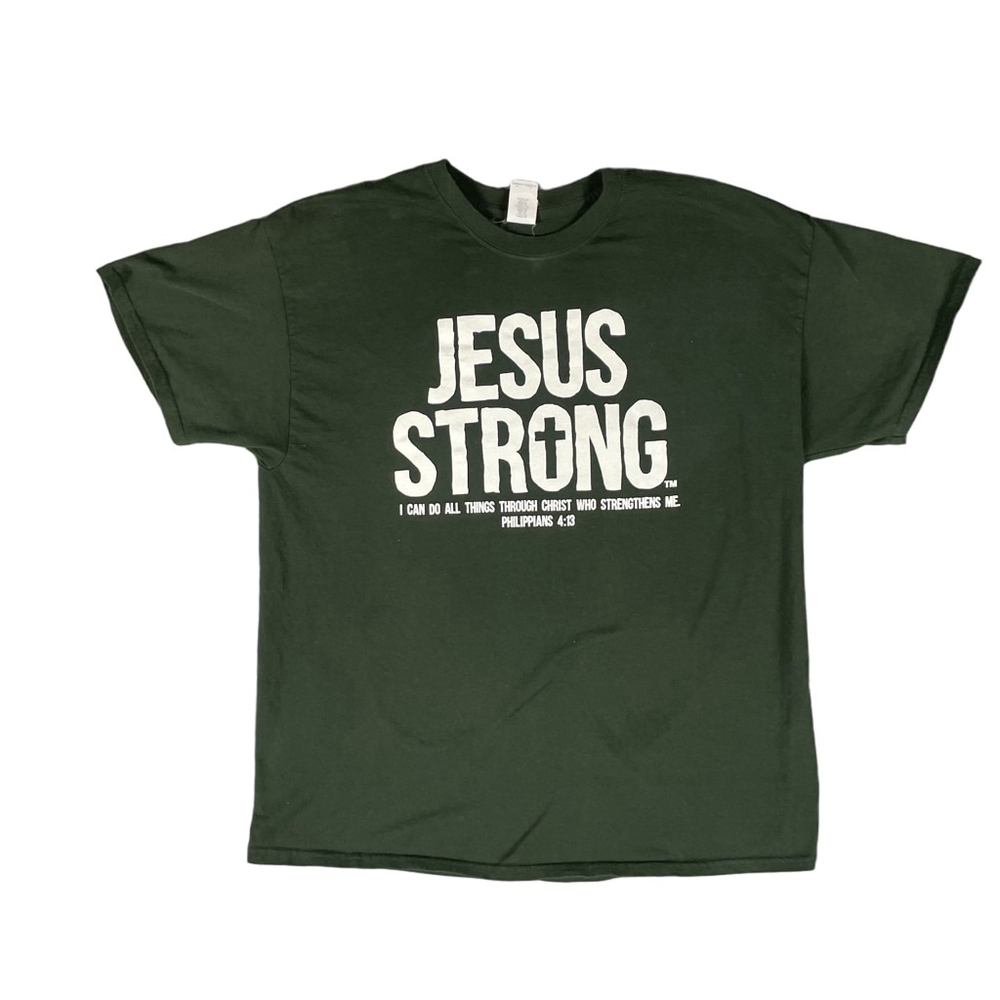 Gildan XL Jesus Strong T-Shirt Forest Green Christian Philippians 4:13 Graphic